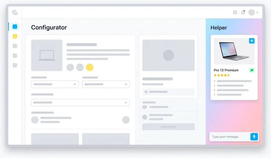 Wireframe diagram of the Premier CP configurator: a product configuration panel on the left, next to an AI assistant panel proposing a recommended product.